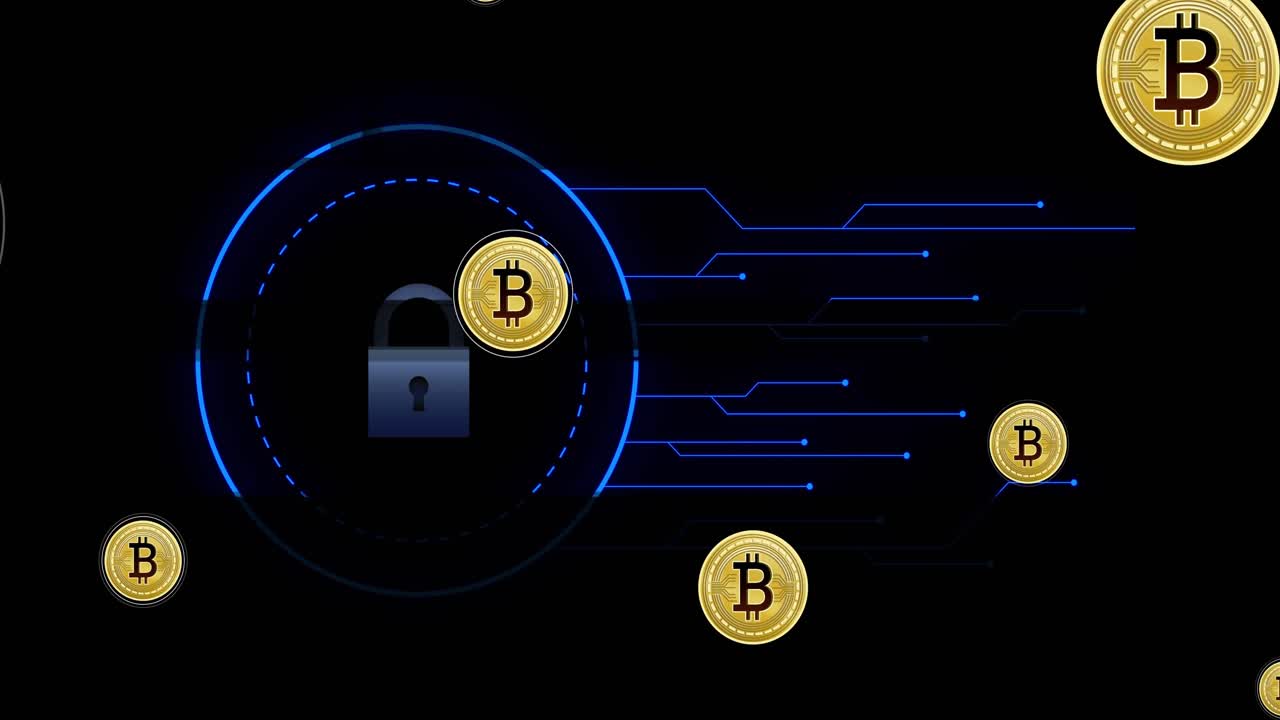 Video verticale: anello lucchetto HUD, barra d'oro che appare, monete BTC che orbitano attorno a un circuito, trasferimento sicuro