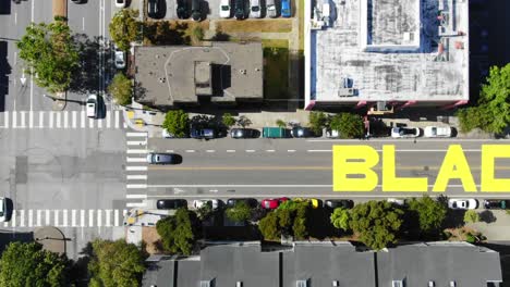 drone of black lives matter painted on street in san francisco