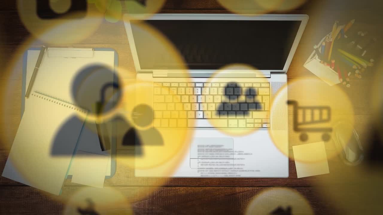 animación de iconos sobre el portátil con espacio de copia en el escritorio