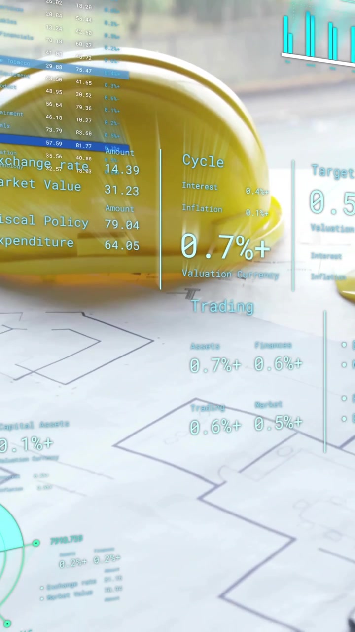Animation of statistics and data processing over yellow hard hats and plans on desk in office
