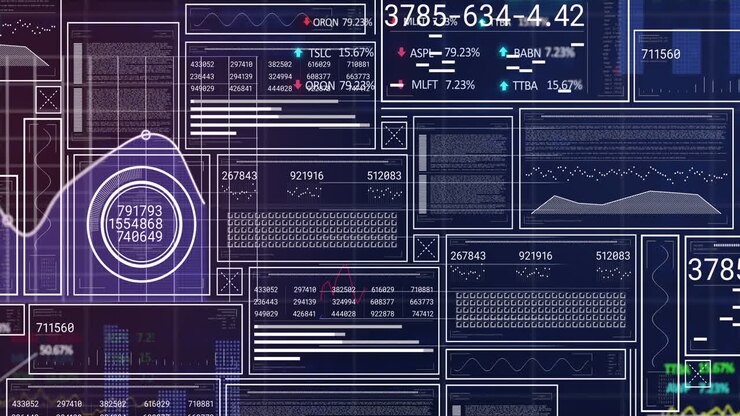 Animation of interface with statistical and stock market data processing against blue background