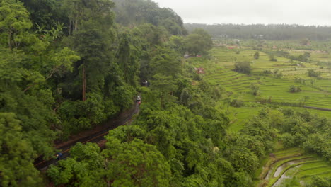 Vista-Aérea-De-Los-Vehículos-Que-Circulan-Por-El-Campo-Rural-En-Bali-Bajo-La-Lluvia.-Automóviles-Y-Motocicletas-Conduciendo-Por-La-Carretera-Cerca-De-La-Selva-Tropical-Y-Exuberantes-Campos-De-Cultivo-De-Arroz-Verde