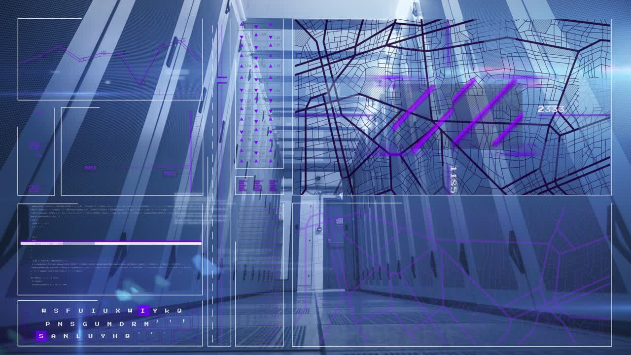 Animation of blue arrow with moving upwards over data processing on blue background