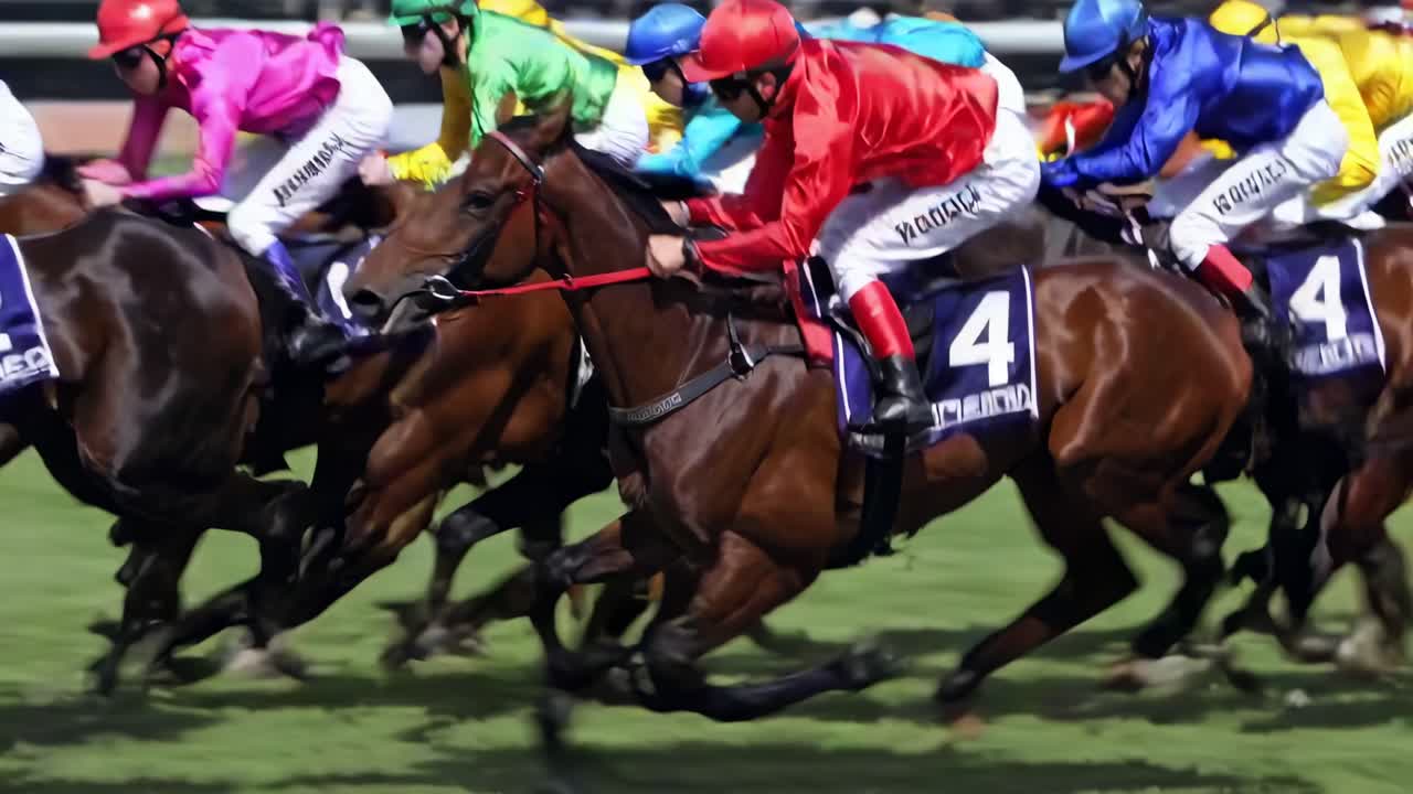 Dynamisches seitliches Weitwinkelvideo von einem Pferderennen, das lebendige Jockeyfarben und intensive Bewegung einfängt