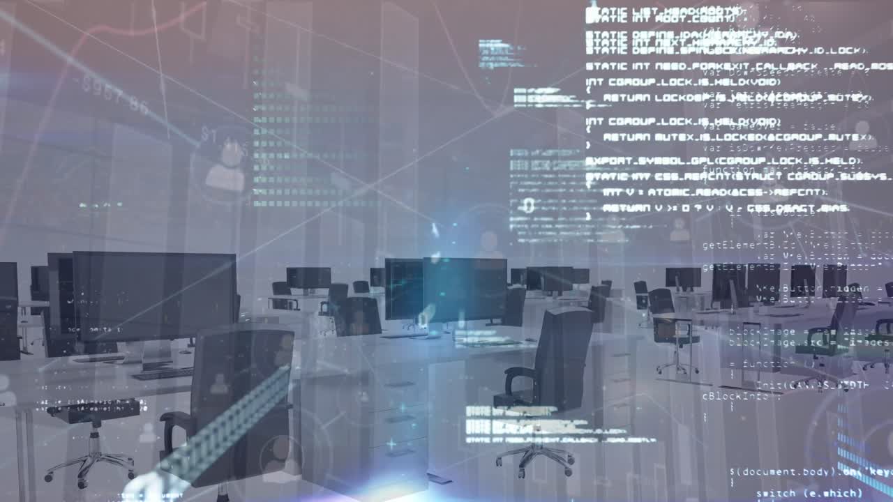 데이터 처리의 애니메이션, 프로필 아이콘 네트워크 및 빈 사무실에 대한 파란 빛 점