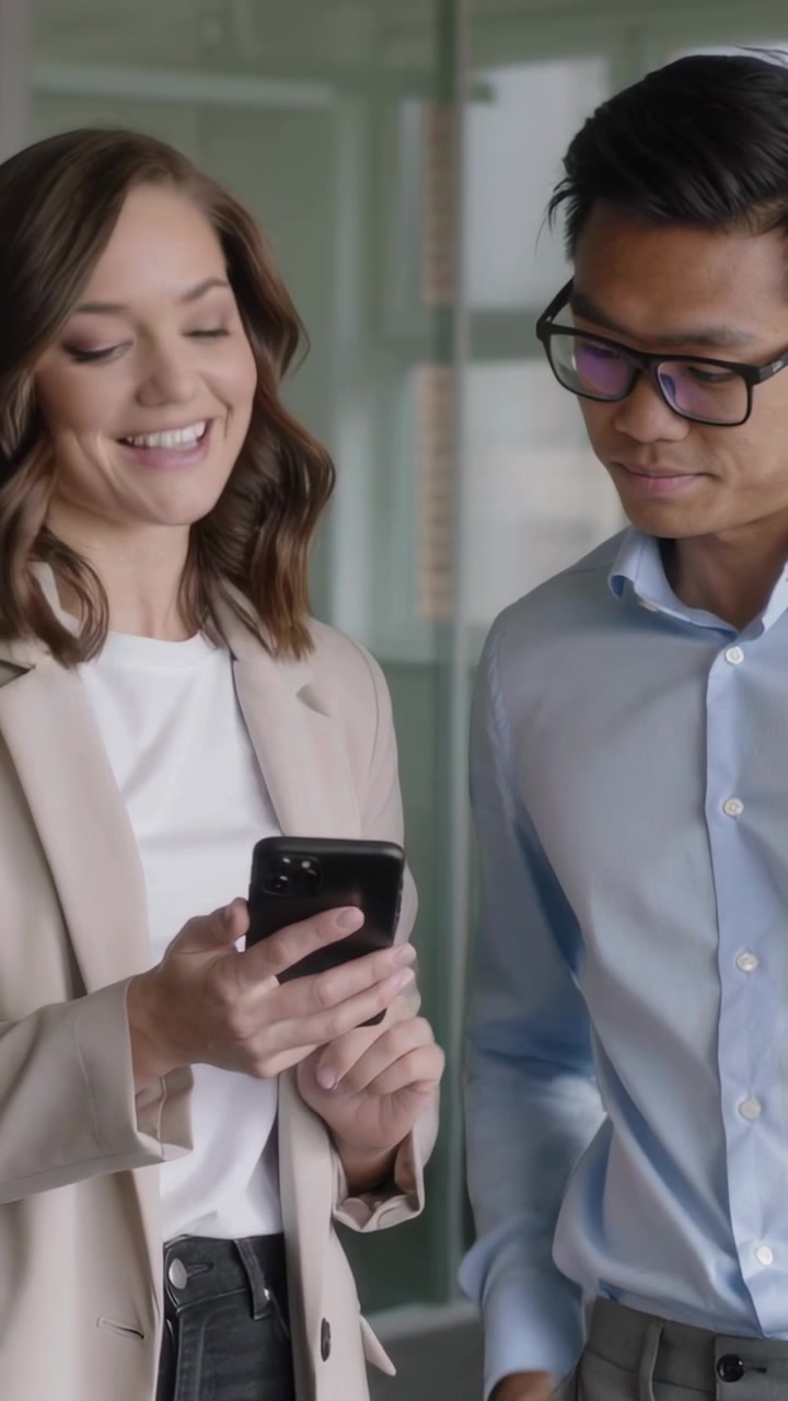 Video verticale: Mostrando uno smartphone, donna in blazer beige che spiega un'app in ufficio, uomo che indica