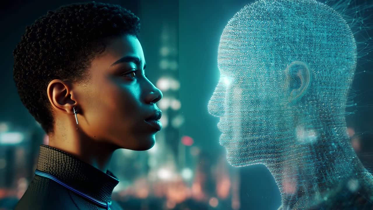 Side view of a person facing a digital hologram in a futuristic video style, cityscape background