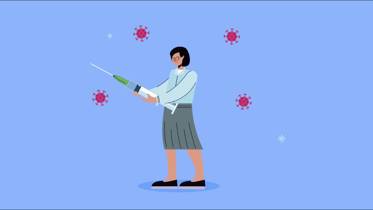 covid19 disease animation with particles and woman lifting vaccine