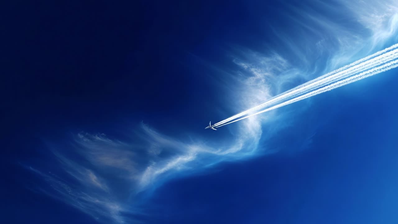 A solitary airplane ascends gracefully through a brilliant blue sky, leaving behind a vivid trail of contrails that intertwine with ethereal cirrus clouds in a stunning aerial display