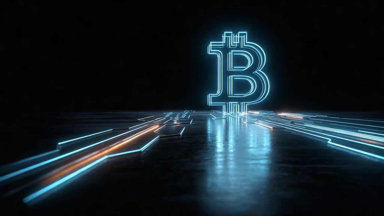 Illuminated Bitcoin Symbol Amidst Dynamic Digital Pathways, Representing the Future of Cryptocurrency and Blockchain Technology in a Virtual Environment