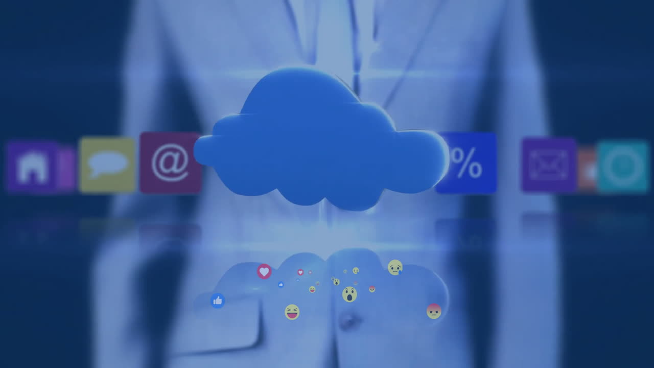 Businessman in suit interacting with digital icons and animation symbols