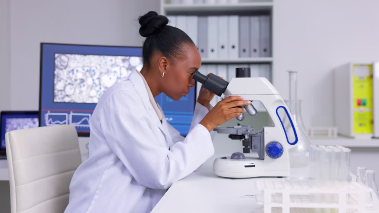 Medico, microscopio e analisi dei dati con persona di colore