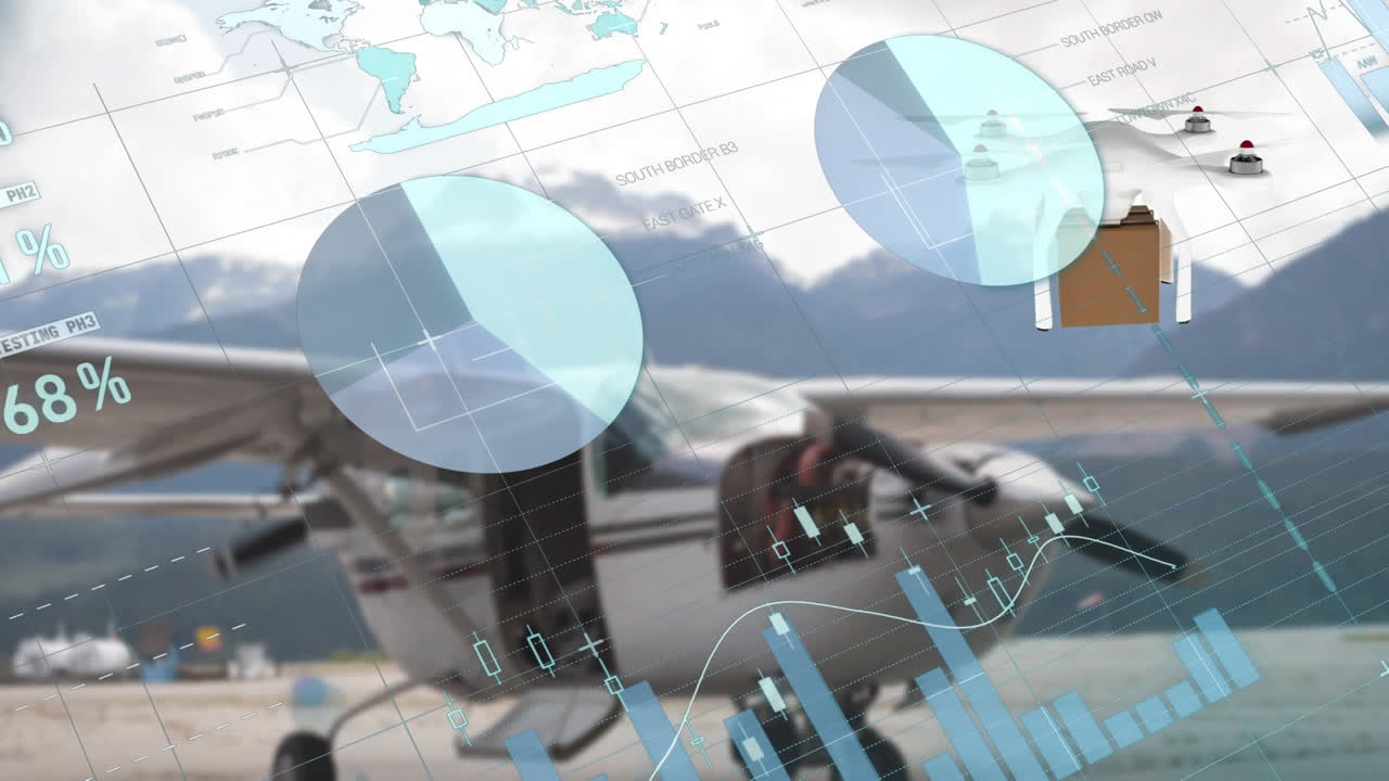 산과 하늘을 배경으로 공항에 주차된 비행기 위의 인포그래픽 인터페이스의 애니메이션