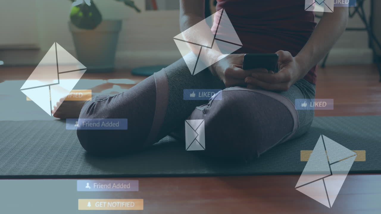 스마트폰을 사용하는 백인 여성에 대한 미디어 아이콘의 애니메이션