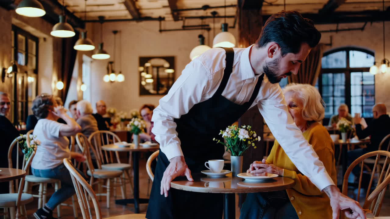 Waiter Serving Elderly Customer in a Cafe