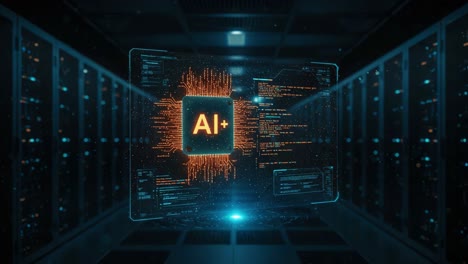 visual representation of artificial intelligence with futuristic graphics showcasing ai+ in a digital environment surrounded by servers and complex data structures