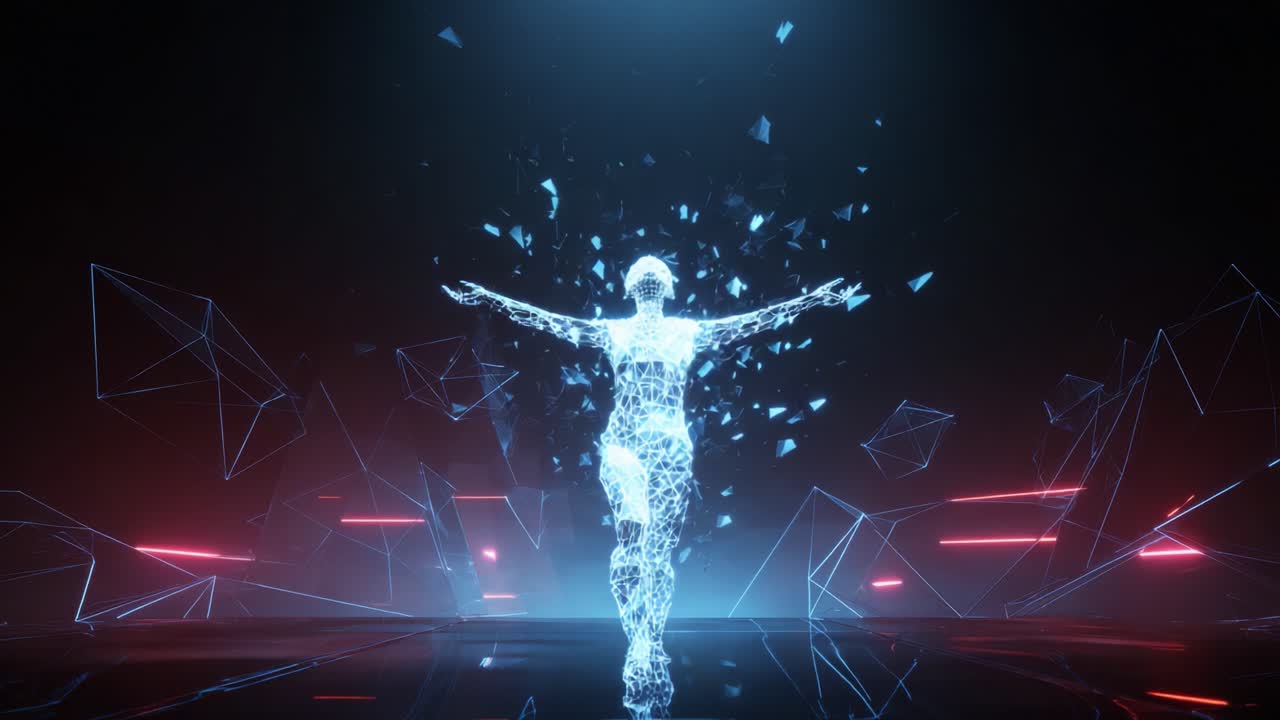 A stunning digital representation of a human figure formed by geometric shapes and glowing particles, portraying a dynamic emergence in a futuristic, virtual landscape filled with abstract elements