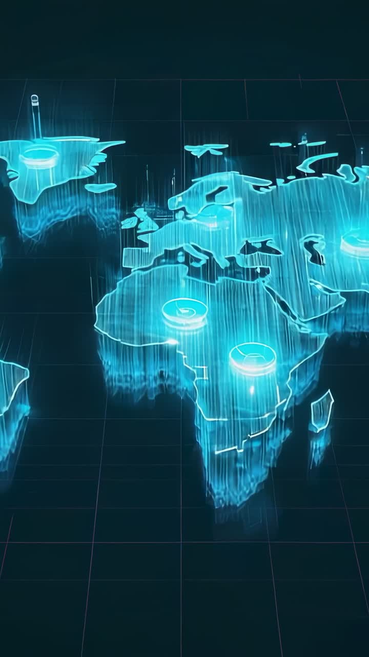 Vertical video: Fading grid plane showing continents rising with pulsing markers showing data flow
