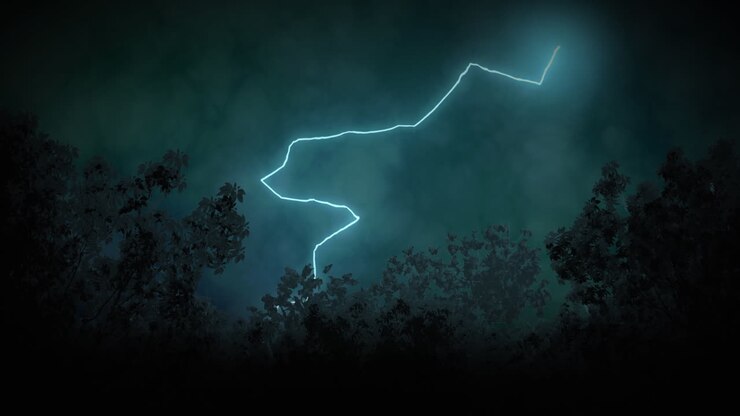 Animazione di fulmine che si abbatte su alberi e cielo nuvoloso tempestoso.