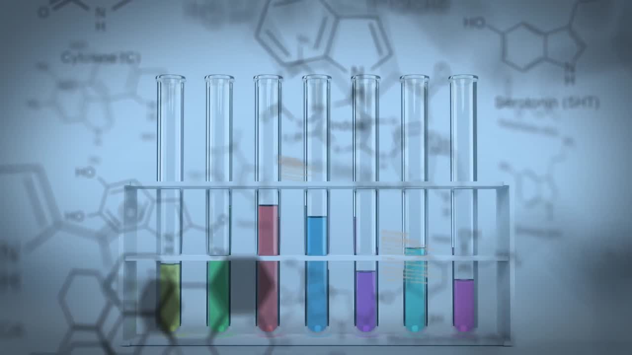 animación de estructuras de compuestos químicos contra tubos de ensayo de laboratorio