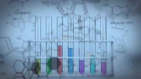 Animation-of-chemical-compound-structures-against-laboratory-test-tubes