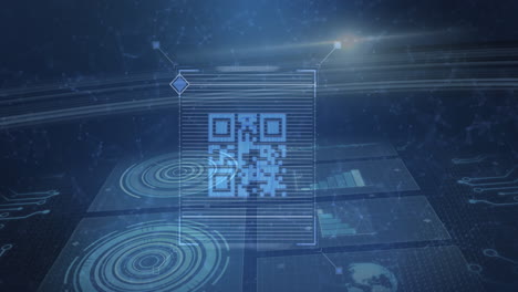 animación de escaneo y procesamiento de datos de código qr sobre una cuadrícula azul con escaneo de ámbitos y diagramas