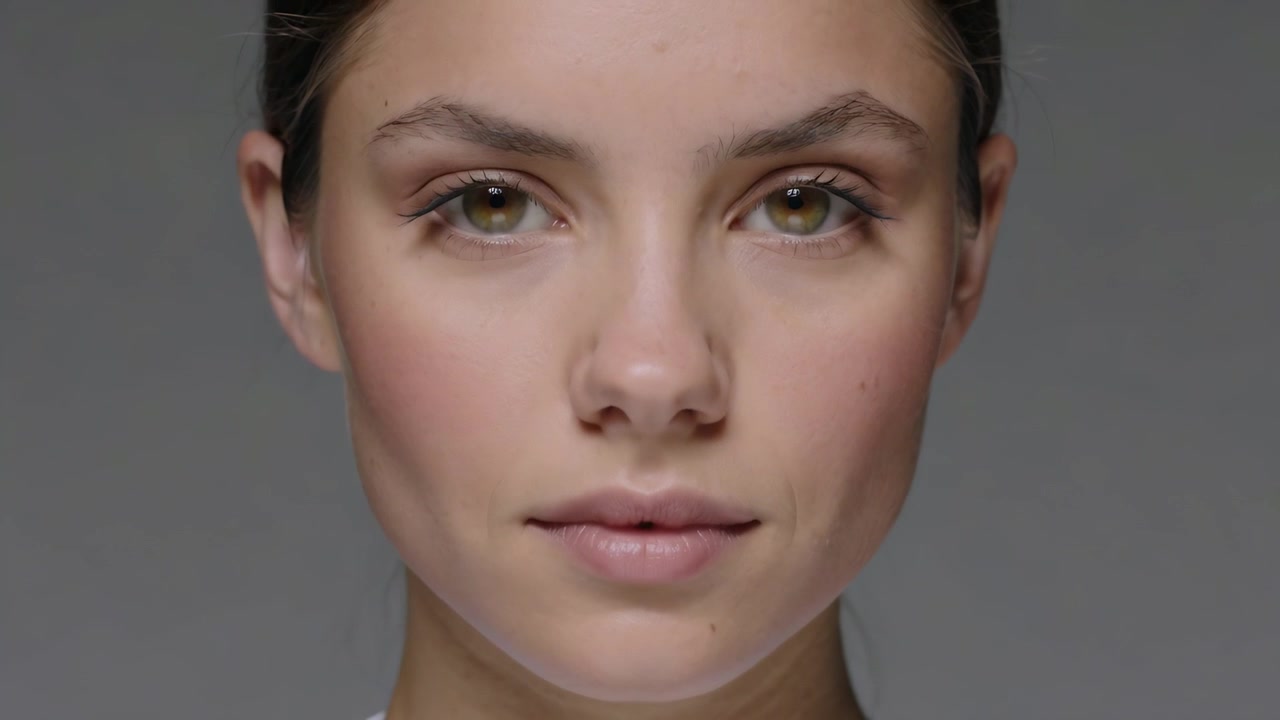Modella che batte le palpebre con espressione neutra per un test fotografico in studio, mostrando il viso e un top bianco