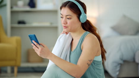 Woman,-phone-and-yoga-with-rest