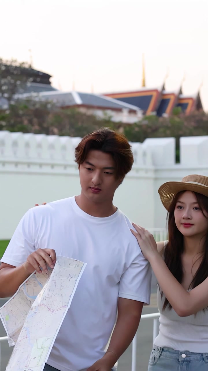 คู่รักนักท่องเที่ยวดูแผนที่กระดาษขณะเดินอยู่ข้างกำแพงวัดสีขาวตอนพระอาทิตย์ตกดิน