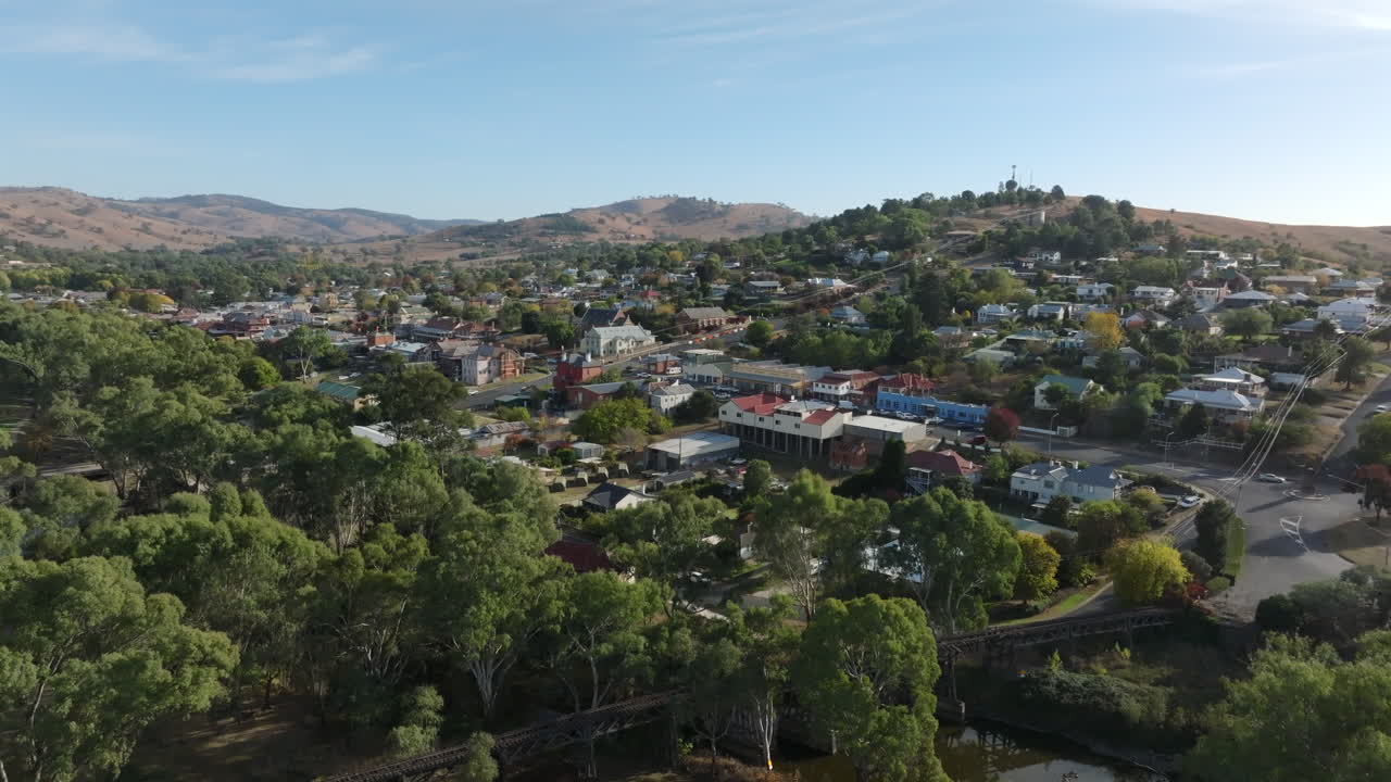 Aerial: Drone footage of Gundagai town centre, NSW, Australia