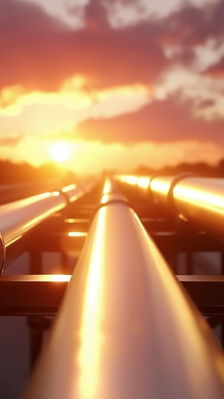 Coucher de soleil sur tuyaux radiants : un spectacle éblouissant de couleurs reflétées sur le métal dans un cadre industriel, captivant les horizons dans une ambiance chaleureuse et lumineuse