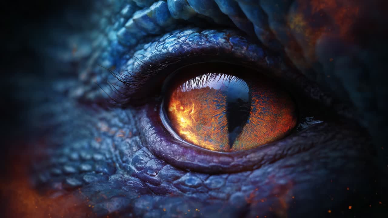 A Mesmerizing Close-Up of an Enigmatic Creature's Eye, Capturing Everything from Intricate Scale Patterns to the Fiery Glow Reflected within the Pupil, Showcasing Nature's Mystical Beauty and Depth