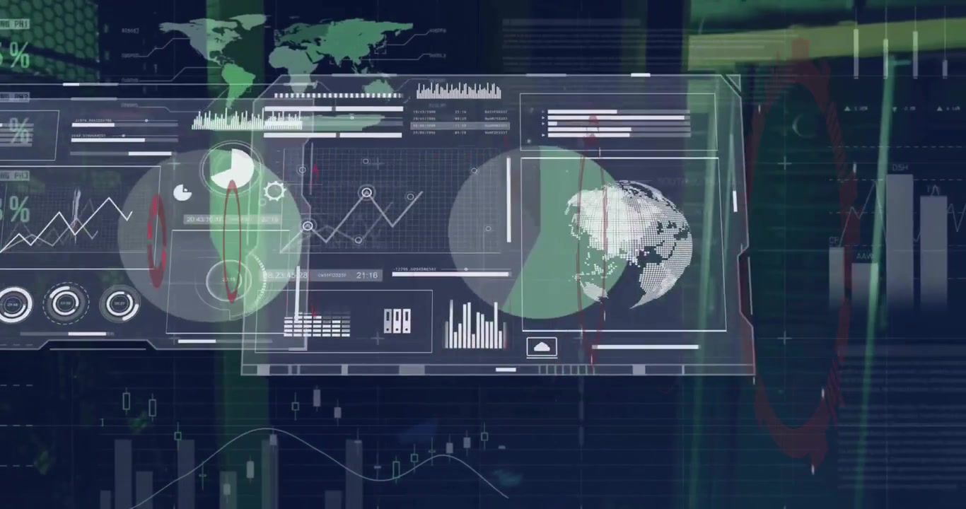 Animation of circular scanner and data processing on interface screens over computer server room