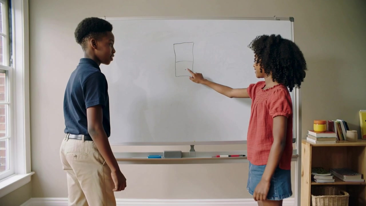 Pointing, boy in navy polo, sister in red blouse confirming lower dot on whiteboard with marker