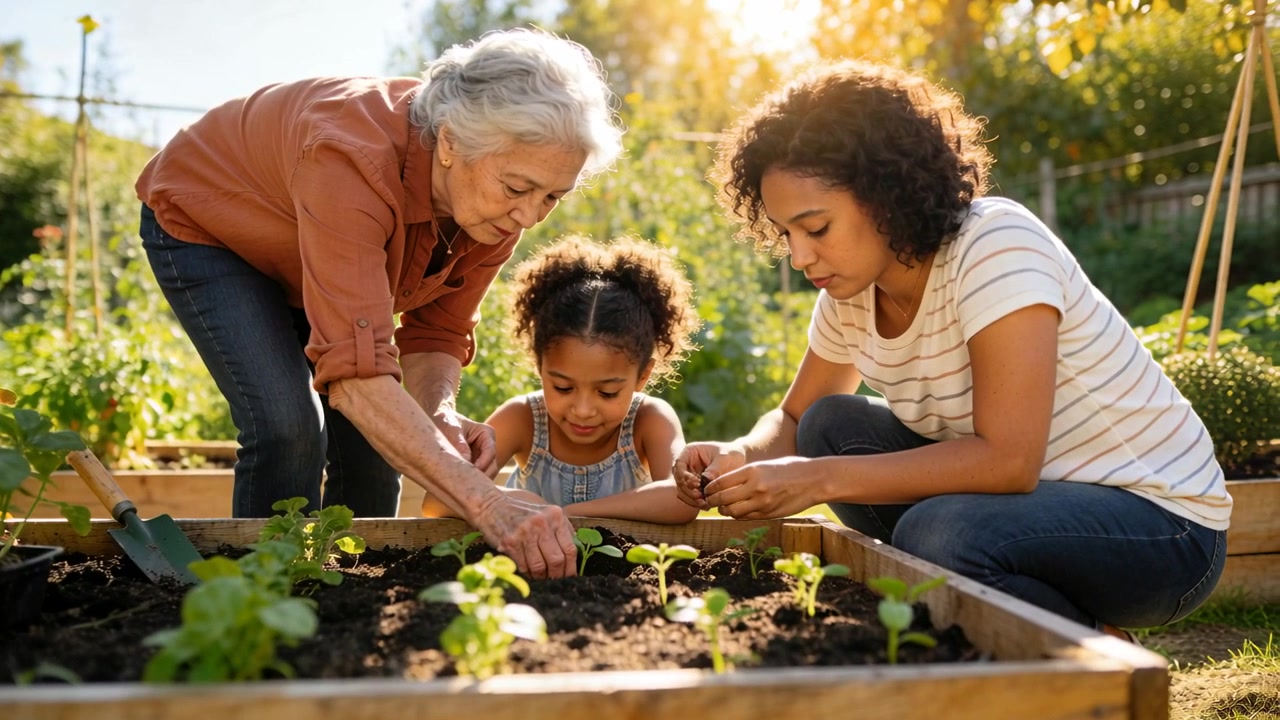 Planting senior in rust shirt holding seedling, family planting in garden raised bed teaching child