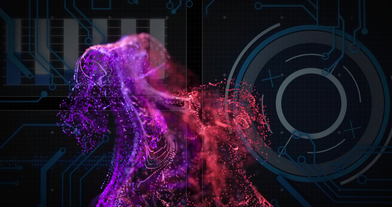 Digital particles forming abstract shapes over futuristic interface with circular elements