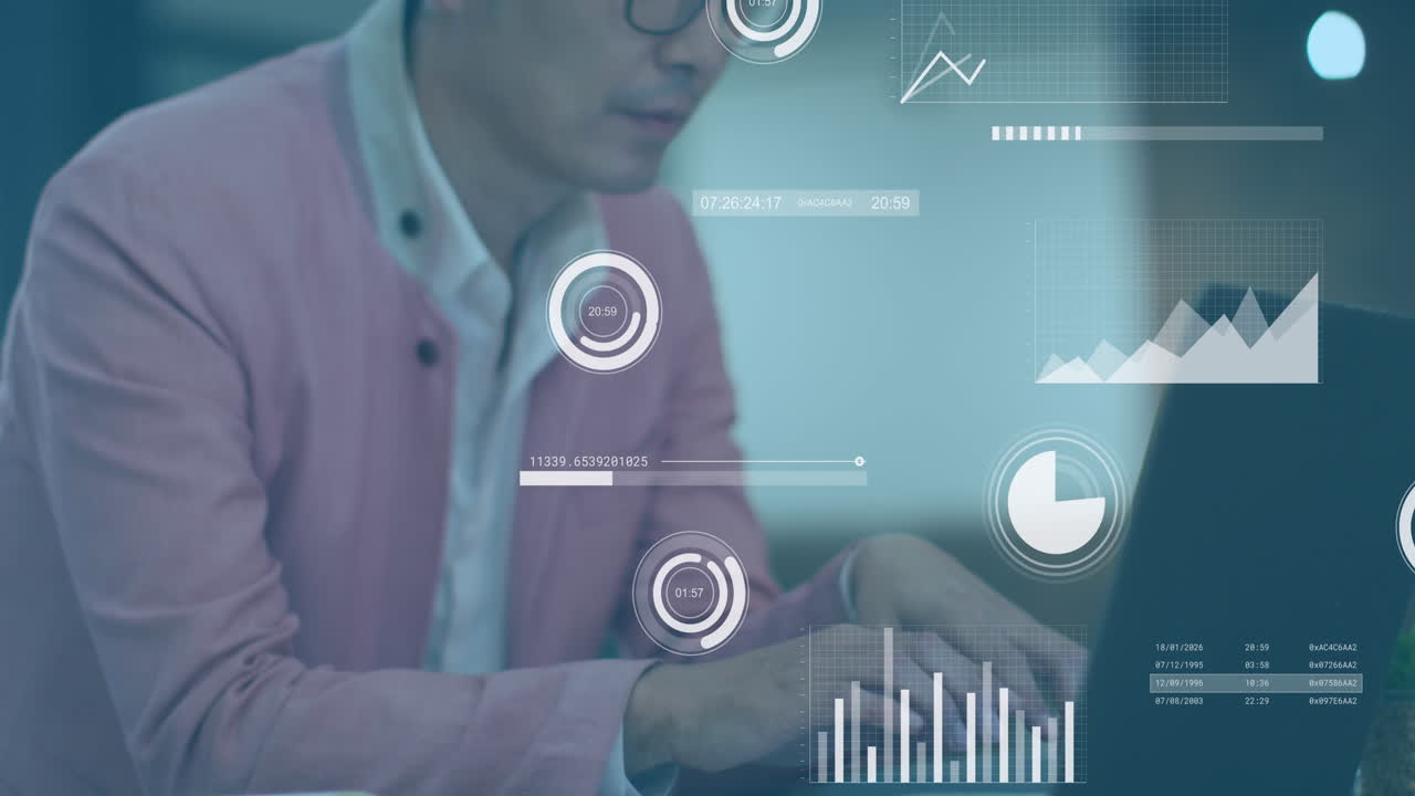animación de la interfaz con el procesamiento de datos estadísticos contra un hombre asiático que usa una computadora portátil en la oficina