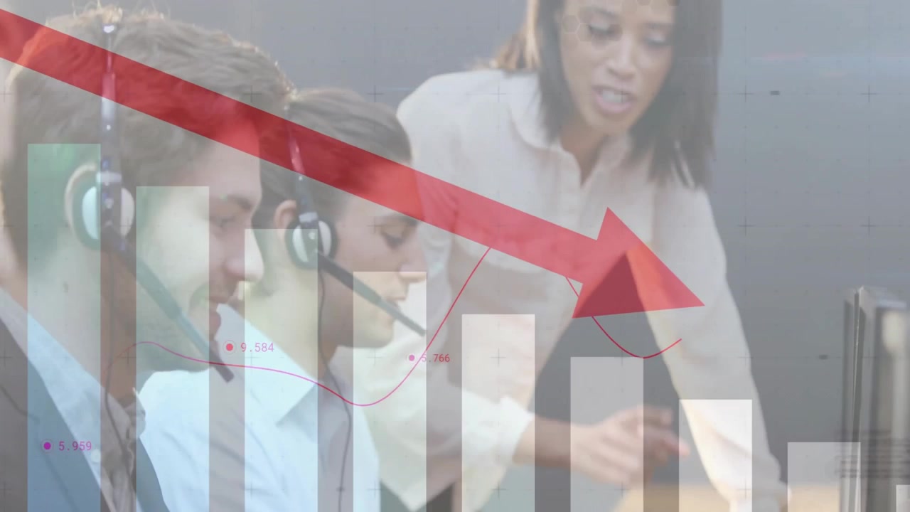 Call-center team monitoring metrics in office, with headsets, translucent charts and red arrow