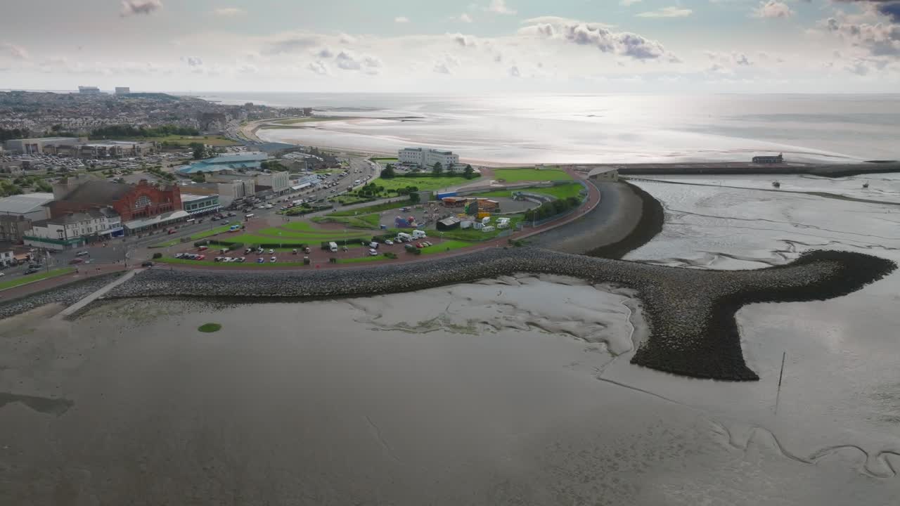 Seaside Town Morecambe Grassy Headland With Stone Groynes And Pier. Eden Project Proposed Site. Summer. Marine Road Central, Morecambe, Lancashire, UK