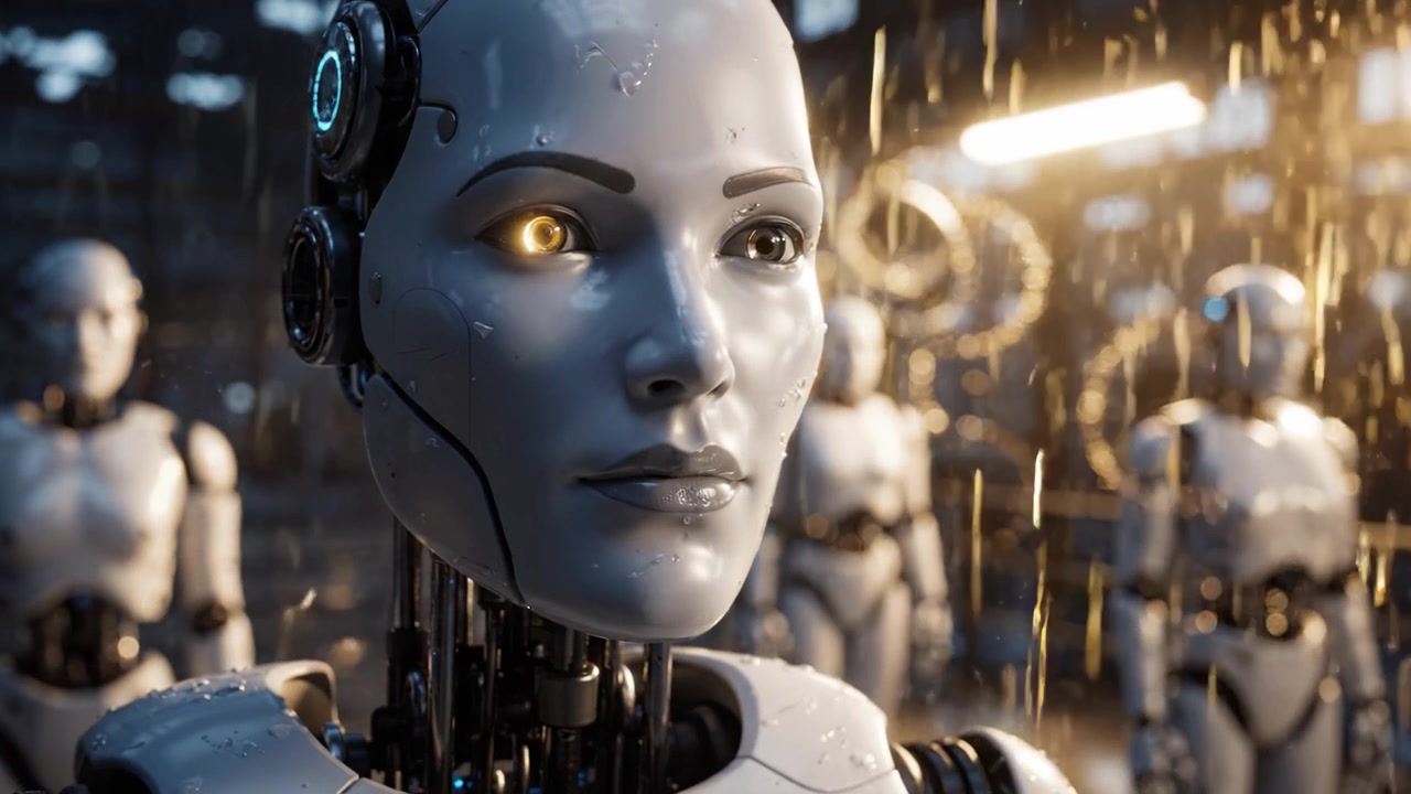 Un affascinante viaggio di trasformazione di un robot futuristico, che mostra il movimento degli occhi e l'espressione in un'atmosfera urbana intrisa di pioggia con altri androidi