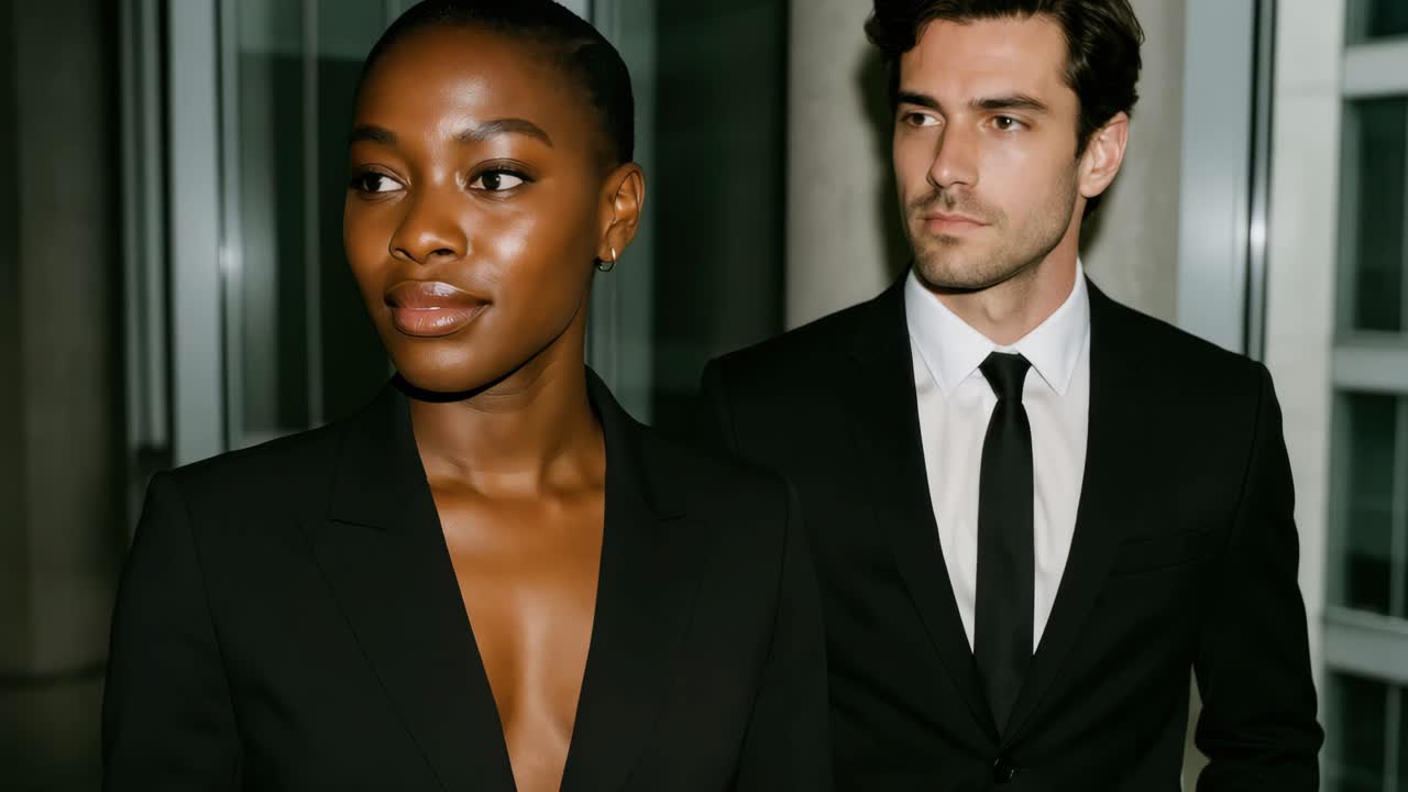 Side view video still of two professionals in suits walking, captured at eye level
