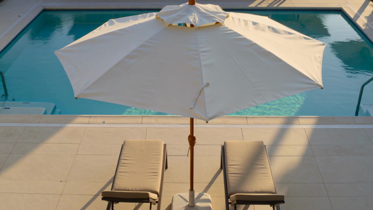 Telecamera che si allontana sopra un ombrellone, rivelando il bordo piscina con due lettini e acqua increspata.