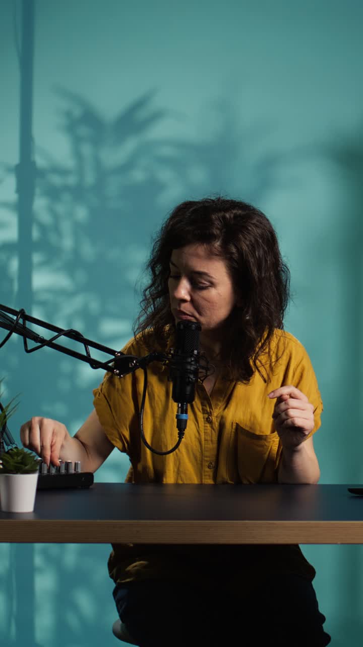 Woman Recording Podcast in Home Studio with Microphone and Sound Mixer