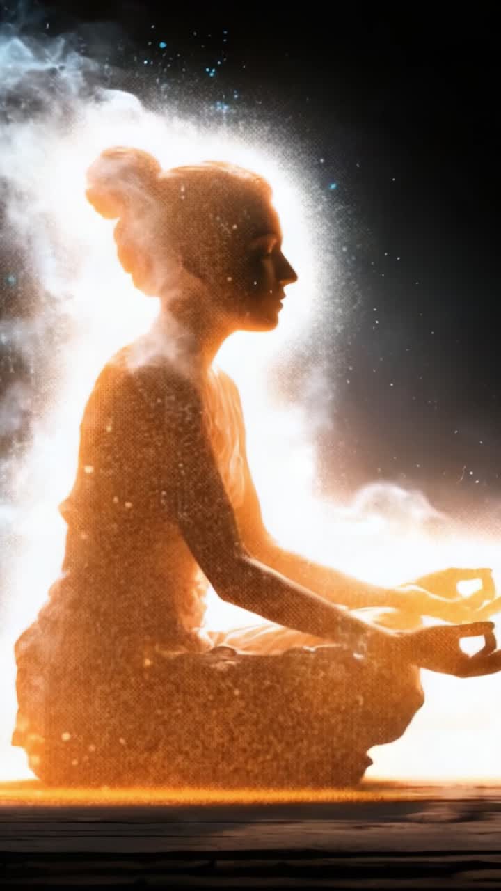 A Serene Journey Through Cosmic Meditation: A Woman in a Dynamic Transformation from Calm Blue to Radiant Gold, Embracing the Universe's Mystical Energy