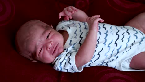 indian newborn baby boy looking grumpy and crying in bodysuit laid down on bed