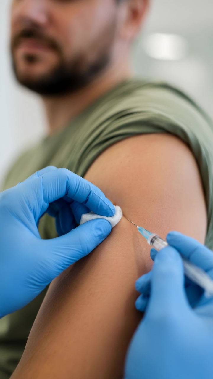 Blue gloved hands guide a syringe into the exposed upper arm, then withdraw the needle while a white cotton pad stays close to the injection site in a softly blurred indoor setting.