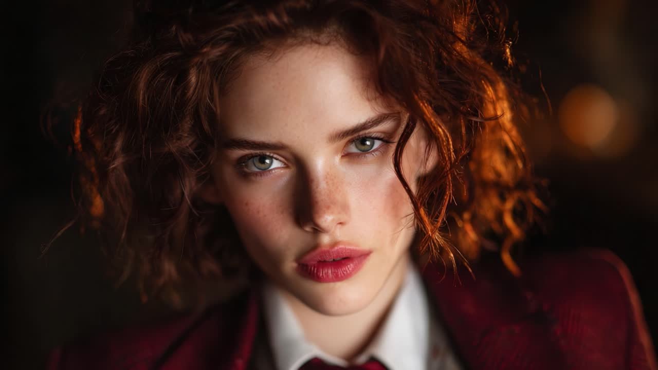 Captivating Portrait of a Young Woman with Red Curly Hair and Striking Features, Exuding Confidence and Charm in a Classic Blazer Against a Vague Background