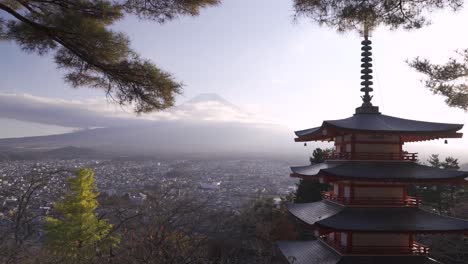 static shot of mount fuji and chureito pagoda on calm and sunny day