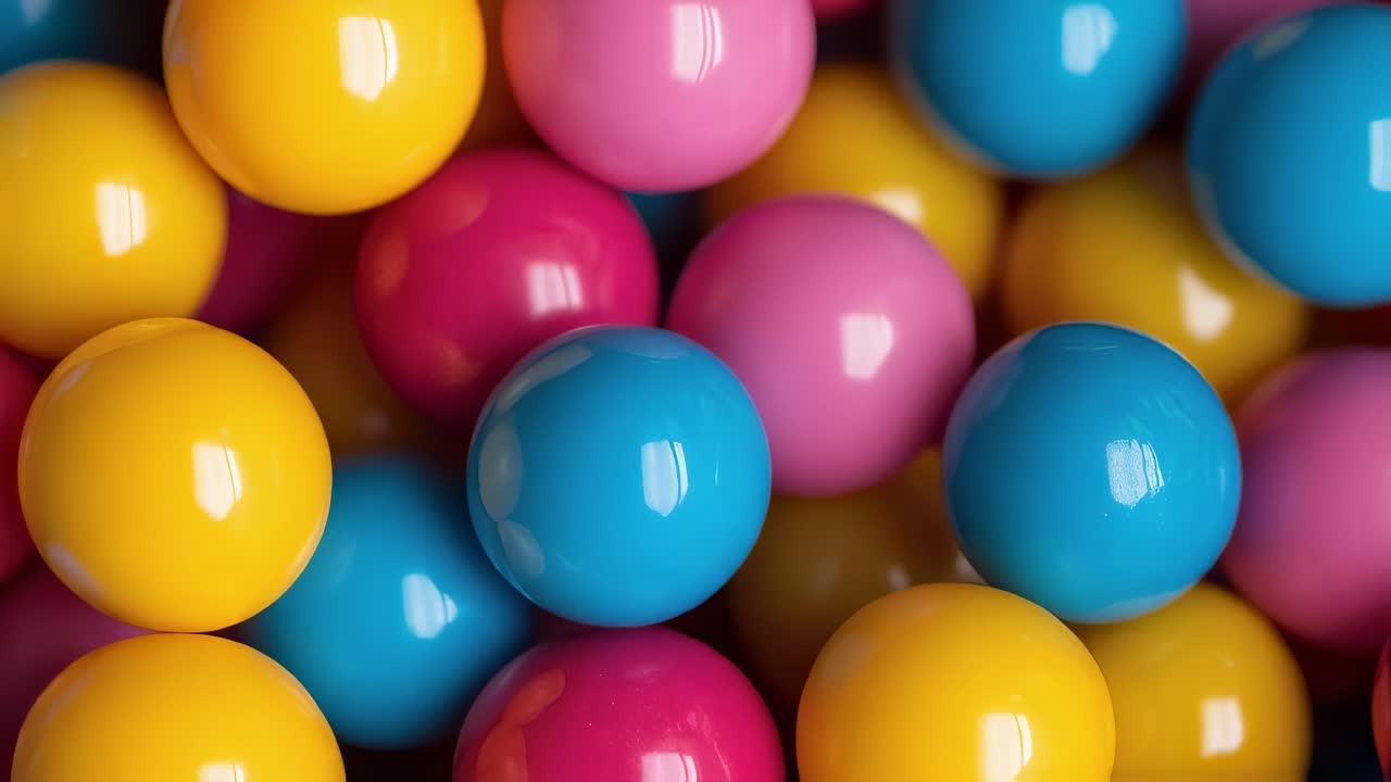 Multicolored candy balls spiraling and bouncing across glossy surface, creating playful explosion of vibrant confectionery texture and energetic movement