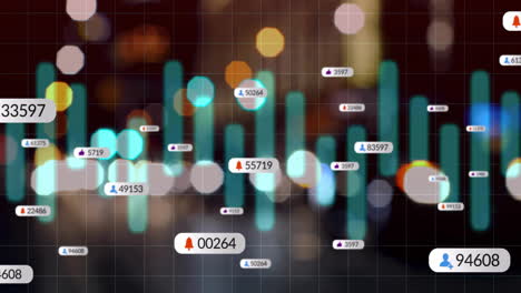 Animation-of-social-media-icons-and-data-over-out-of-focus-city-lights